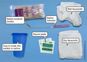 Images of tracheostomy cleaning supplies listed above.