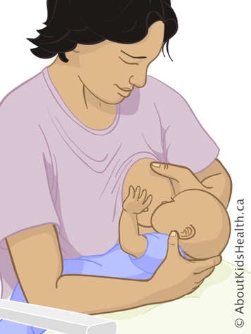 Mother holding her left breast with her left hand while holding baby across her body with her right arm
