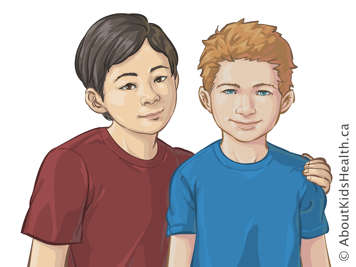 Two boys standing side-by-side, facing forward, with one boy’s arm around the other