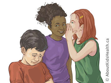 ایک لڑکے کے پیچھے جو پریشانی والے تاثرات سے نیچے دیکھ رہا ہے ایک لڑکی دوسری لڑکی کے کان میں سرگوشی کر رہی ہے