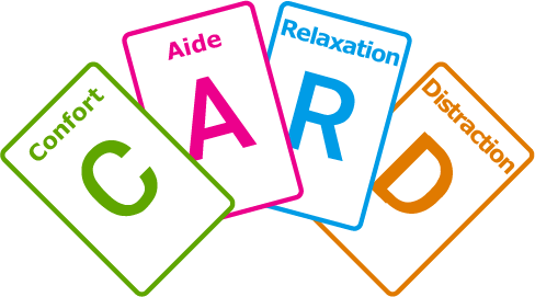 Icône du « système CARD » représentant des cartes en éventail et illustrant les concepts de confort, de demande, de relaxation et de distraction