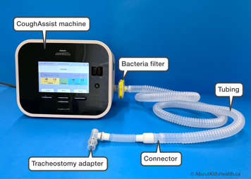 CoughAssist machine assembled with bacteria filter, tubing, connector and tracheostomy adaptor