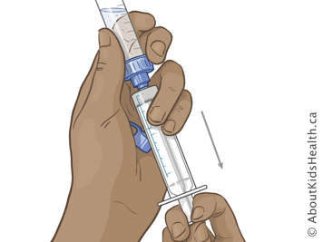 Syringe attached to dissolve and dose container, with downward arrow showing to pull handle of syringe