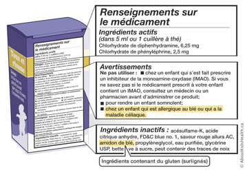 Médicament contre le rhume avec un avertissement mentionnant la maladie cœliaque et liste d’ingrédients avec amidon de blé