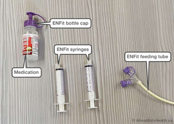 supplies including enfit bottle cap, medication, enfit syringes, and enfit feeding tube