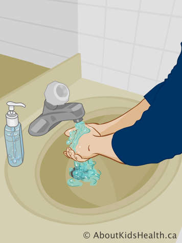 Rinsing hands under a tap