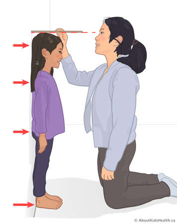 A caregiver measuring their child's height, while the child is standing up.