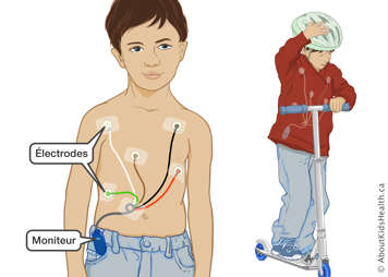 Enfant sur une trottinette portant un moniteur et des électrodes sous ses vêtements