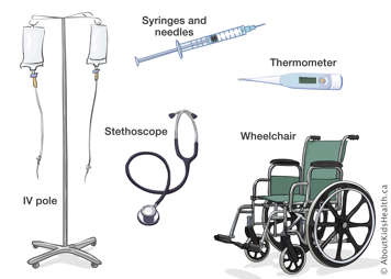An IV pole, stethoscope, thermometer, wheelchair and syringes and needles
