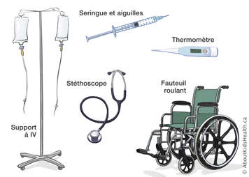 Un support à IV, un stéthoscope, une seringue et des aiguilles, un thermomètre et un fauteuil roulant