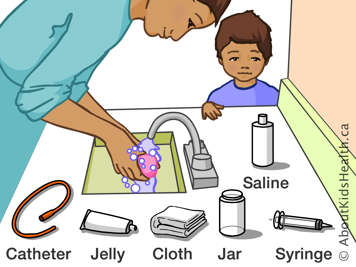 Catheter, tube of jelly, cloth, jar, syringe and bottle of saline on a counter