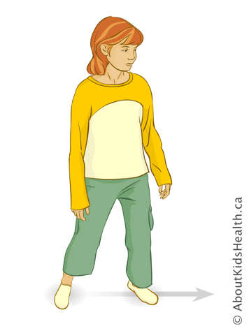 Girl walking sideways with feet apart