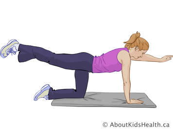 Woman on hands and knees with left arm and right leg lifted straight outward