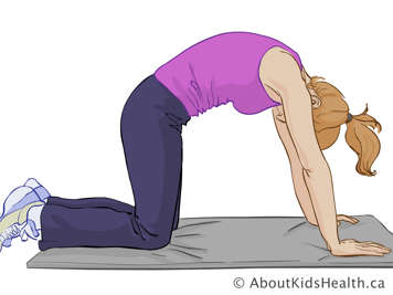 Woman on hands and knees with back arched upward and head pointed down