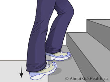 Person standing on a step with one leg stretched back and the heel held over the edge