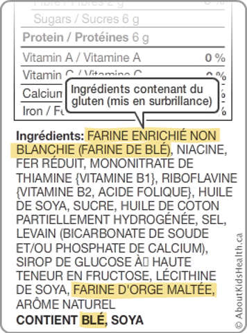 Étiquette nutritionnelle avec les ingredients contenant du gluten mis en surbrillance