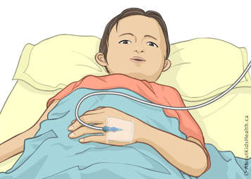 Child in bed with IV in back of hand