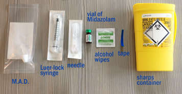 Different items that are needed to prepare a dose of intranasal midazolam