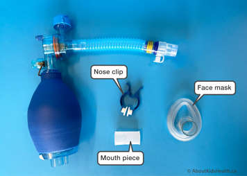 An LVR kit showing a nose clip, face mask and mouthpiece