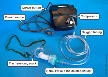 A tabletop nebulizer with oxygen tubing, nebulizer cup and tracheostomy mask attached