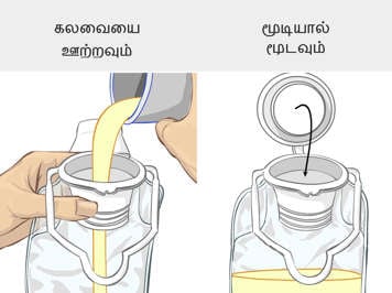 Pouring formula into feeding bag and closing the seal on the feeding bag