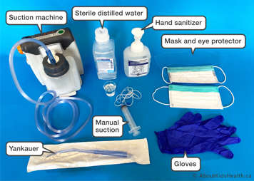 Equipment and supplies needed for oral suctioning including suction machine, sterile distilled water, hand sanitizer, mask and eye protection, gloves, manual suction and Yankauer