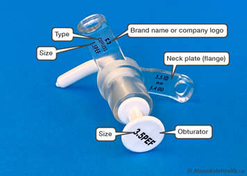 tracheostomy tube showing type, brand name or company logo, neck plate (flange), obturator and size