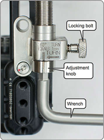 Locking bolt, adjustment knob and wrench on monolateral rail
