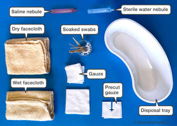 Tracheostomy cleaning supplies including saline and sterile water nebules, dry and wet facecloths, soaked swabs, gauze, precut gauze and a disposal tray