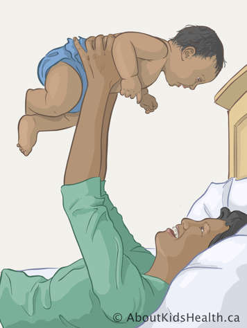 Madre sonriente tumbada boca arriba mientras sostiene a un bebé en el aire sobre ella